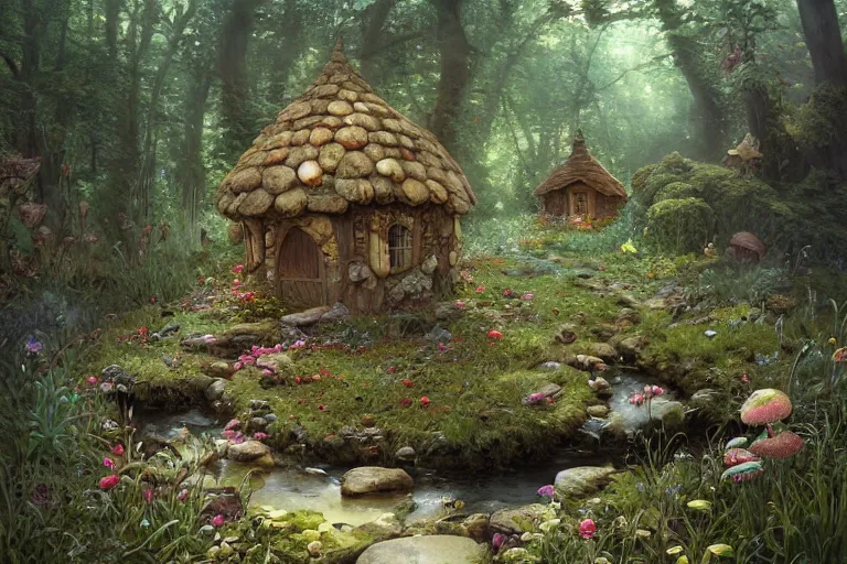 Prompt: wide angle view, a beautiful digital painting of a fairy house made of rocks and mushrooms by a stream, flowers, beautiful tranquil day, by greg rutkowski, gerald brom, marc simonetti, jean - baptiste monge, and alphonse mucha, symmetry, complementary colors, ink illustration, trending on artstation