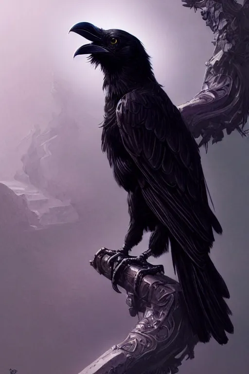 Prompt: highly detailed black raven bird, deep focus, d & d, fantasy, intricate, elegant, highly detailed, digital painting, artstation, concept art, matte, sharp focus, illustration, hearthstone, art by artgerm and greg rutkowski and alphonse mucha