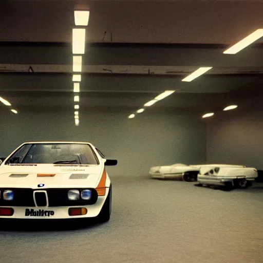 Prompt: 1979 BMW M1, inside of an auto dealership, ektachrome photograph, volumetric lighting, f8 aperture, cinematic Eastman 5384 film