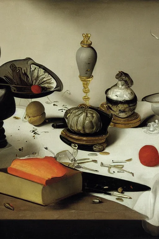 Image similar to a vanitas painting from the 21st century by pieter claesz