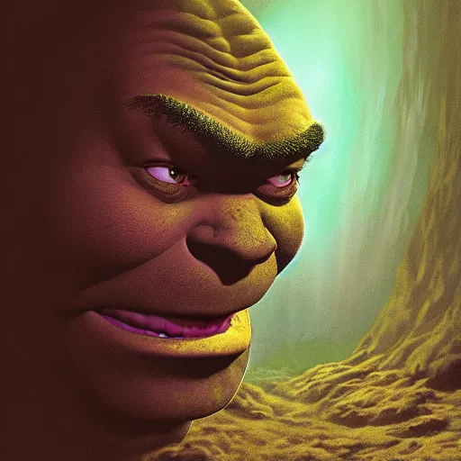 Image similar to photorealistic shrek in the style of michael whelan and gustave dore. hyperdetailed photorealism, 1 0 8 megapixels, fully clothed, lunar themed attire, amazing depth, glowing rich colors, powerful imagery, psychedelic overtones, 3 d finalrender, 3 d shading, cinematic lighting, artstation concept art