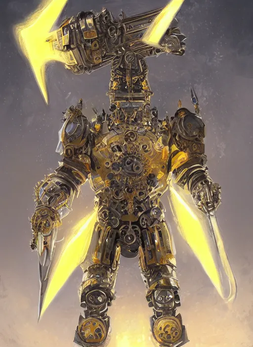 Prompt: full body, attack position abstract portrait of a intricate ornate holy mechanical warforged with circular glowing eye, character in yellow armor holding a paladin engraved great longsword drawn and carrying a big paladin shield, vertically flat head, face in focus, epic , trending on ArtStation, masterpiece, cinematic lighting, by Ross Tran and by Greg Rutkowski