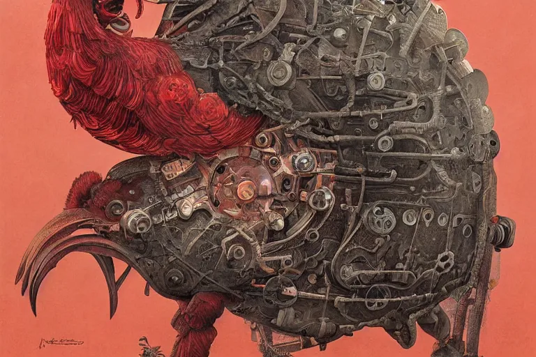 Image similar to digital painting of an ominous mechanical rooster, by wayne barlowe and bob pepper, highly detailed, intricate, anatomy, nature, dieselpunk, retrofuturism