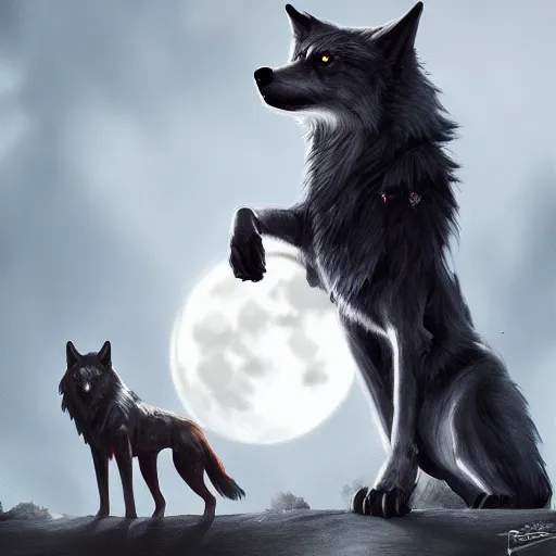 Prompt: beautiful portrait painting of a dark fantasy, urban fantasy wolf standing in front of a full moon, cgsociety, trending on artstation