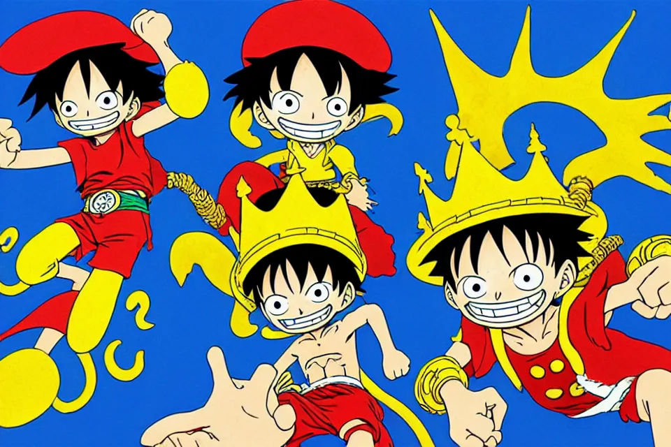 Image similar to concept sketches of luffy wearing a gold crown riding a large dragon by jamie hewlett, in the style of megaman, micro detail, disney cartoon