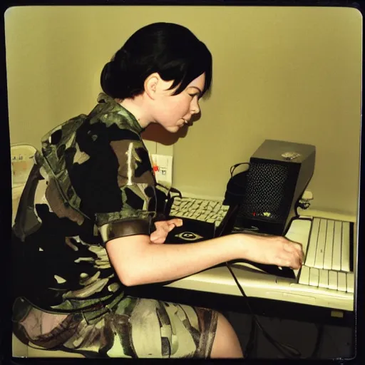 Image similar to Bjork playing Counter Strike 1.6 on an old PC, polaroid, side view