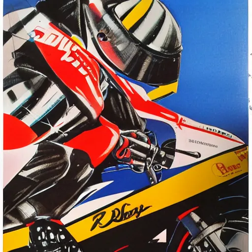 Image similar to photorealistic picture, by bob peak and alex ross, moto gp ads in 1 9 9 0 s, gouache and wash paints, fine details, fine intricate, fine facial proportionate, fine body proportionate, fine fix broken line, fine fix duplicate line, smooth sharp focus, sharp focus