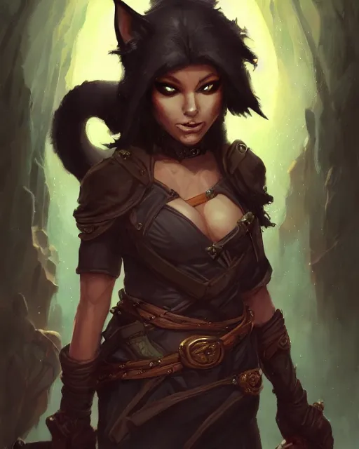 Image similar to Tabaxi :: Rogue, pretty, beautiful, DnD character art portrait, black hair, necromancy, matte fantasy painting, masterpiece, 8k, DeviantArt Artstation, by Jason Felix by Steve Argyle by Tyler Jacobson by Peter Mohrbacher, cinematic lighting.