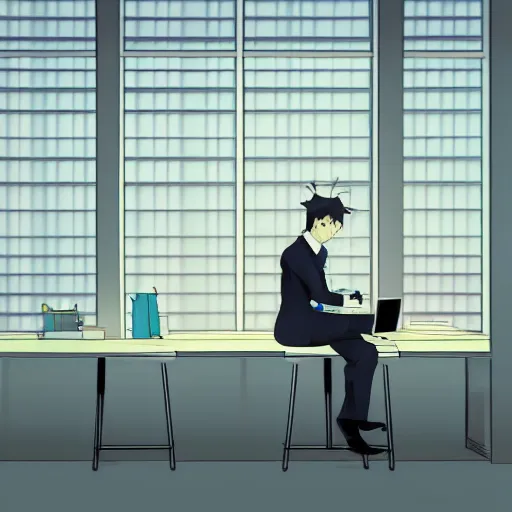 Image similar to a worker wearing a suit is contemplating life in front of his desk, it is all inside a small depressive cubicle which is completely surrounded by beautiful nature, anime style