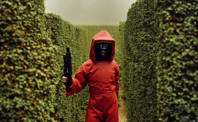 Image similar to cinestill 5 0 d photographic portrait by helen levitt of dark red hazmat scientists with guns walking through a brutalist hedge maze, extreme closeup, cinematic, modern cyberpunk, dust storm, 8 k, hd, high resolution, 3 5 mm, f / 3 2, tenet