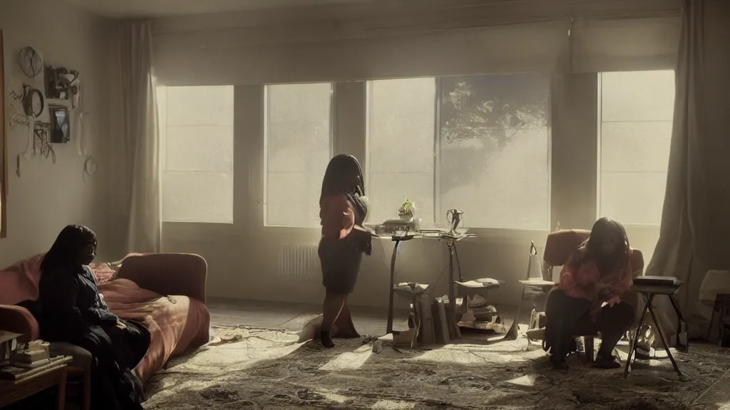 Image similar to stunning screenshot of Octavia Spencer alone in her studio apartment, moody, sad scene from the movie PT Anderson, she is plugged into the virtual world at night, art house, award winning film, portrait, 3D rendered lighting, stunning cinematography by Hoyte van Hoytema