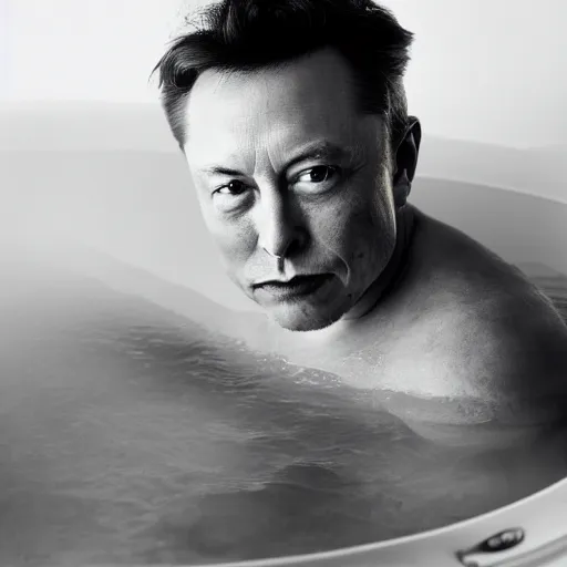 Image similar to photographic portrait by Annie Leibovitz of elon musk in a hot tub, closeup, foggy, sepia, moody, dream-like, sigma 85mm f/1.4, 15mm, 35mm, 4k, high resolution, 4k, 8k, hd, full color