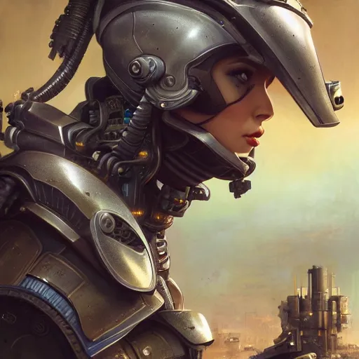 Image similar to Futuristic female soldier with open helmet in armour standing in a machine city with alien plants, portrait, highly detailed, fractals, ornate, cinematic, 8k, by Stanley Artgermm, Tom Bagshaw, Greg Rutkowski, Carne Griffiths, Ayami Kojima, trending on DeviantArt, hyper detailed, full of color, digital art,