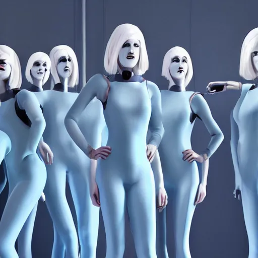 Image similar to troop of cloned freakshow women with white bob hairdos, tight light blue neopren suits, futuristic production facility, sci - fi, highly detailed, cinematic