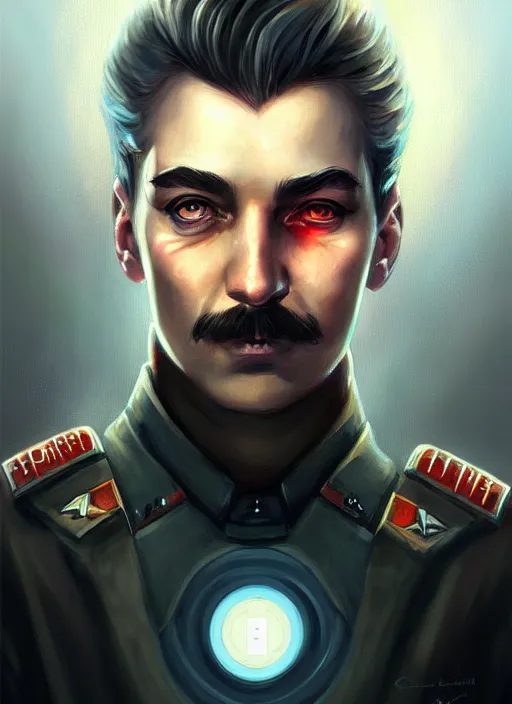 Image similar to « a portrait o cyberpunk joseph stalin, glowing eyes, a digital painting by charlie bowater, featured on cgsociety, fantasy art, behance hd, wiccan, artstation hd »