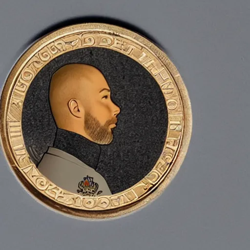 Prompt: a round coin with andrew tate on it