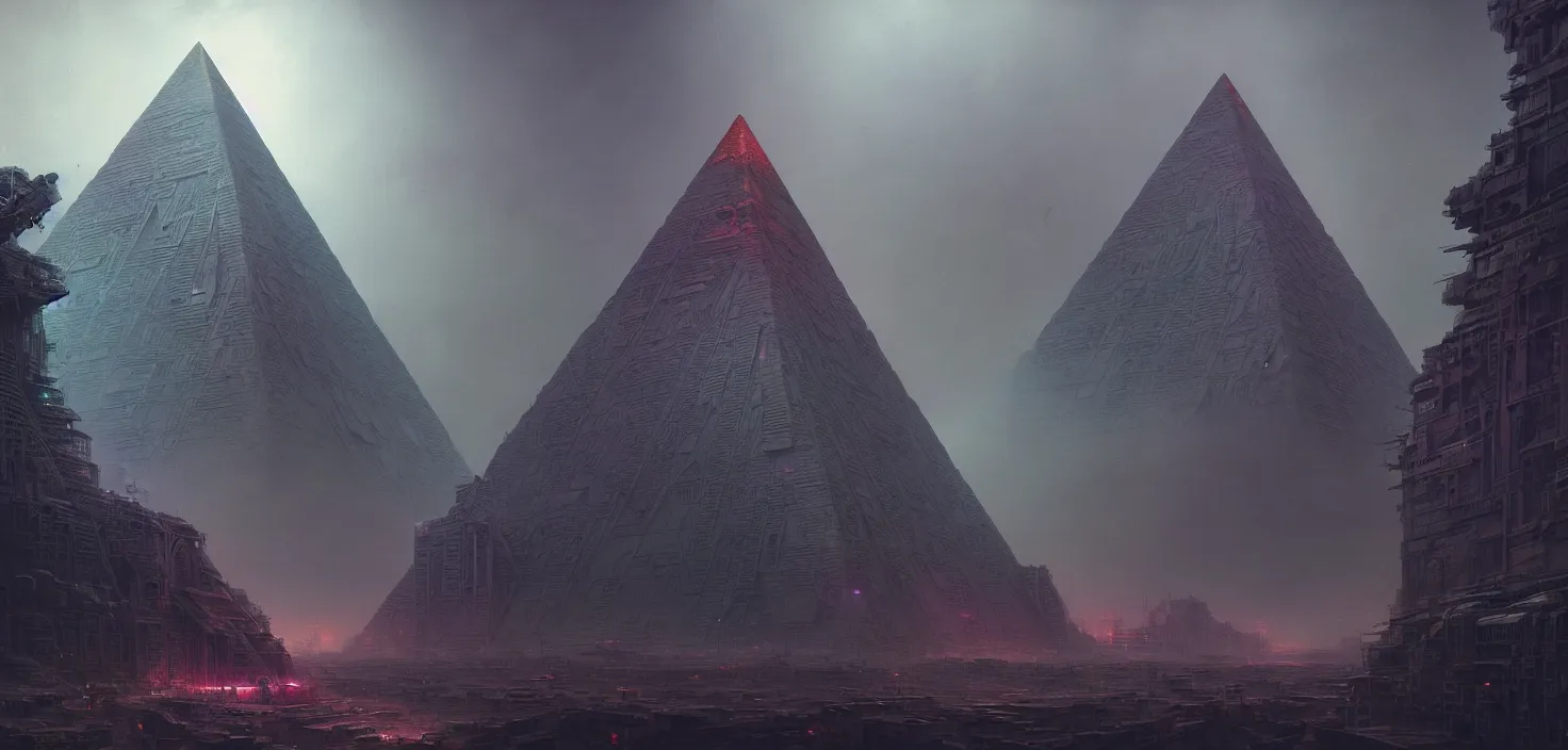 Image similar to cyberpunk egiptian pyramid overview, Greg Rutkowski, HR Giger, Wadim Kashin, in Zdzisław Beksiński color scheme, featured in artstation, octane render, cinematic, elegant, intricate, 8k