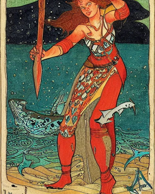 Image similar to a shark woman with melee weapons by ivan bilibin