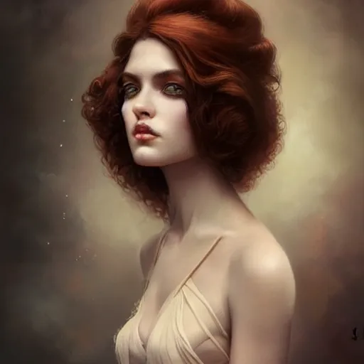 Prompt: tom bagshaw portrait, very beautiful dollpunk in a full dress and long thin lustrous auburn hair, professionally retouched, ultra realistic soft painting, perfectly detailed linework, symmetrical accurate intricate features, behance, focus