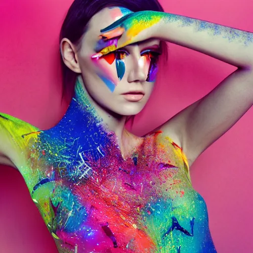 Prompt: beautiful model girl body art fabric skin dress with colouful plastic bag skin and glass shards style of jonathan zawada, thisset colours simple background gradient objective