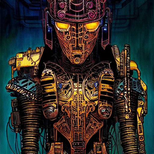 Image similar to cyberpunk knight, atmospheric lighting, painted, intricate, golden hour, ultra detailed by philippe druillet