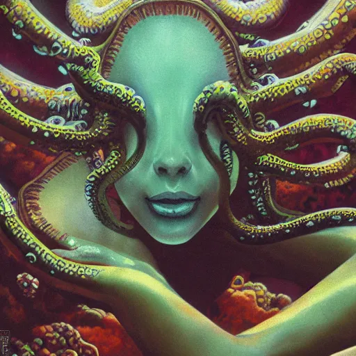 Prompt: eyes, tentacle-enabled underwater human descendant, futuristic painting by amano yoshitaka, dagon, hd 8k