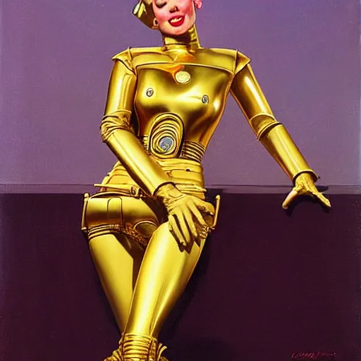 Image similar to a saucy reclining half human c3po by Gil Elvgren