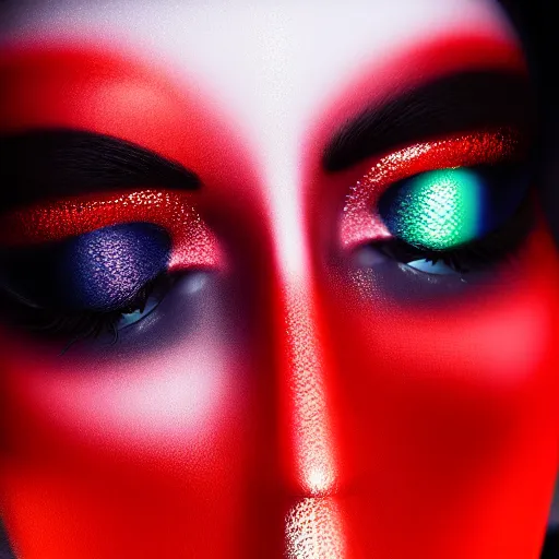 Image similar to A close-up of a beautiful girl with a surreal makeup reminding the swiss flag, octane render, bokeh, cyberpunk vibes, neons on the background