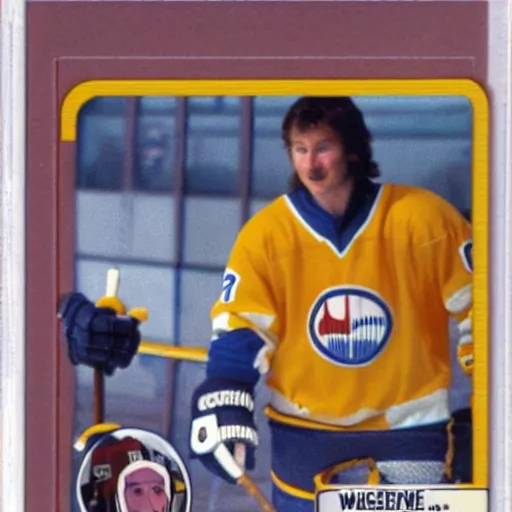 Prompt: wayne gretzky plays in bjorkloven 1 9 8 0 s hockey card