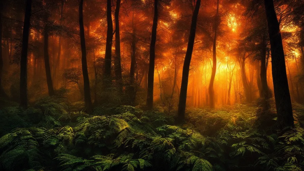 Image similar to amazing landscape photo of a forest in sunset by marc adamus, beautiful dramatic lighting