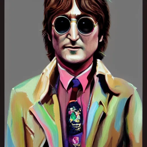 Image similar to john Lennon fashion, gucci catwalk, oil painting, digital art, ultradetailed, artstation