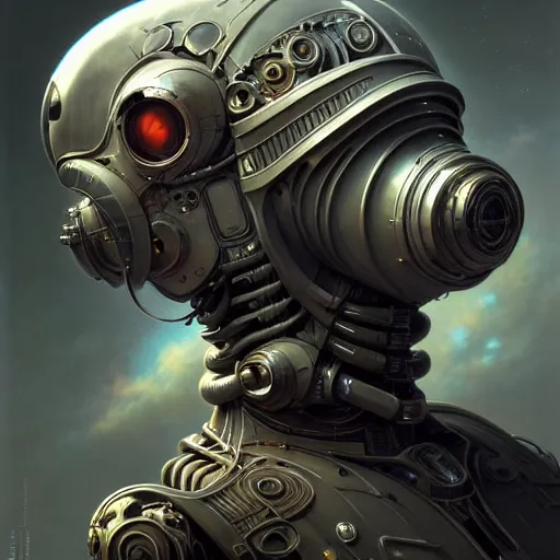 Image similar to low angle shot of a cyberpunk gazmask robot character, intricate, elegant, highly detailed, centered, digital painting, artstation, concept art, smooth, sharp focus, illustration, artgerm, Tomasz Alen Kopera, Peter Mohrbacher, donato giancola, Joseph Christian Leyendecker, WLOP, Boris Vallejo