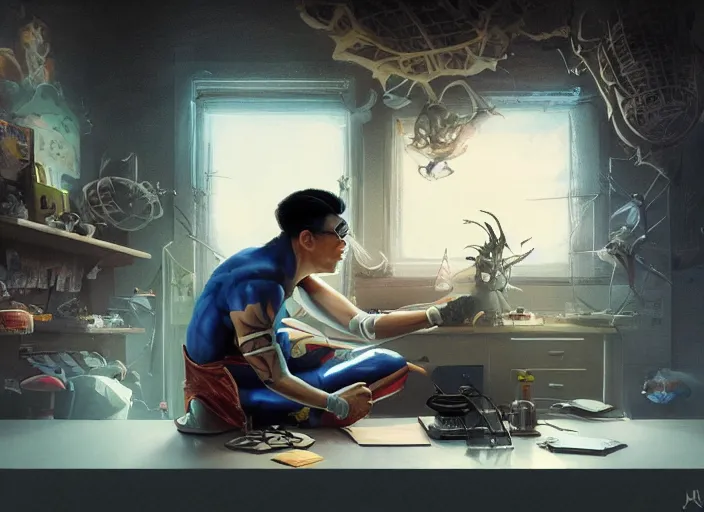 Image similar to an insanely detailed painting of an asian man wearing a homemade superhero costume, sitting at a desk, staring seriously at the computer and typing, in the style of peter mohrbacher, james jean, artgerm, dramatic lighting and composition, surreal background, octane render, pixar, trending on artstation, concept art, comic book, view from behind, 8 k