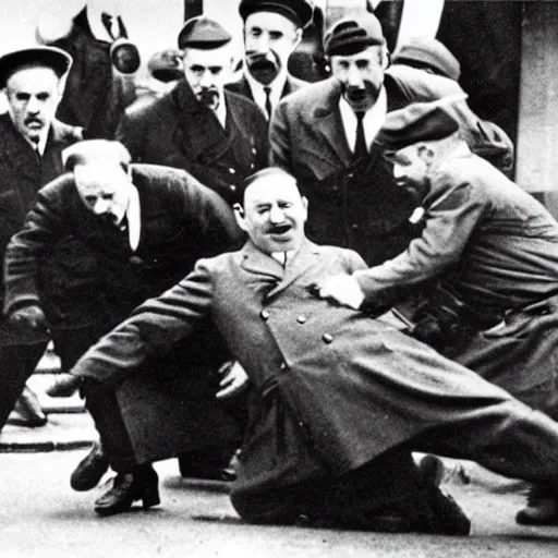 Image similar to a group of Rabbis kicking the crap out of Hitler as he lies in the street