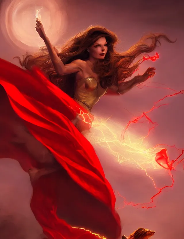 Prompt: a brown - haired woman with a red cape hovering in the air glowing with red light and crackling energy, by frank fazetta and peter mohrbacher, trending on artstation, digital art, 4 k resolution, detailed, high quality, sharp focus, hq artwork, coherent, insane detail, concept art, character concept, character full body portrait