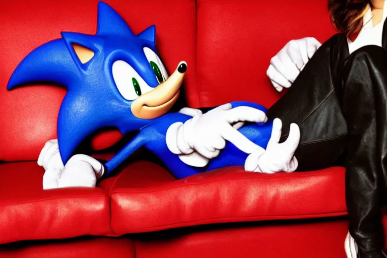 Prompt: sonic the hedgehog sitting on a leather couch, sultry photoshoot, shot by terry richardson