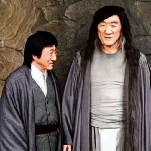 Image similar to old Jackie Chan as Dumbledore with a long grey bird