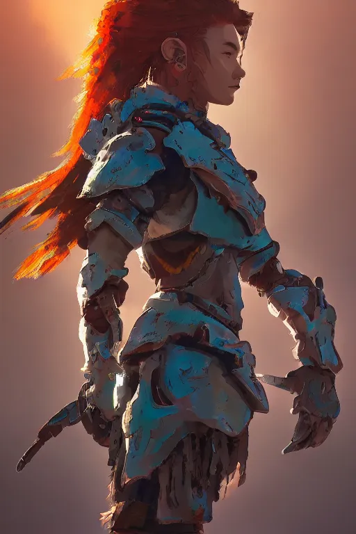 Image similar to combination suit armor aloy horizon forbidden west horizon zero dawn radiating a glowing aura global illumination ray tracing hdr fanart arstation by ian pesty and alena aenami artworks in 4 k tribal robot ninja mask helmet backpack