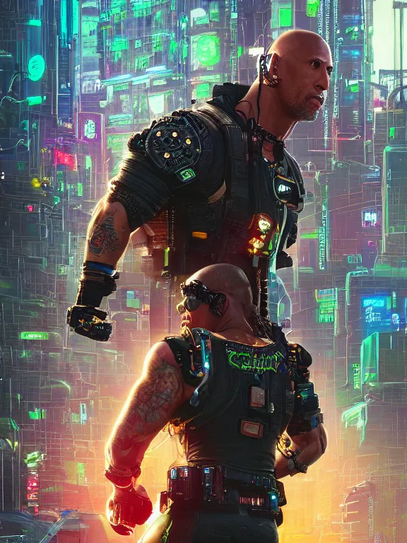 Image similar to a cyberpunk 2077 portrait of Dwayne Johnson kiss a female android complex mess of cables and wires behind them connected to giant computer, love,film lighting, by laurie greasley,Lawrence Alma-Tadema,William Morris,Dan Mumford, trending on atrstation, full of color, highly detailed,8K, octane, Digital painting,golden ratio,cinematic lighting