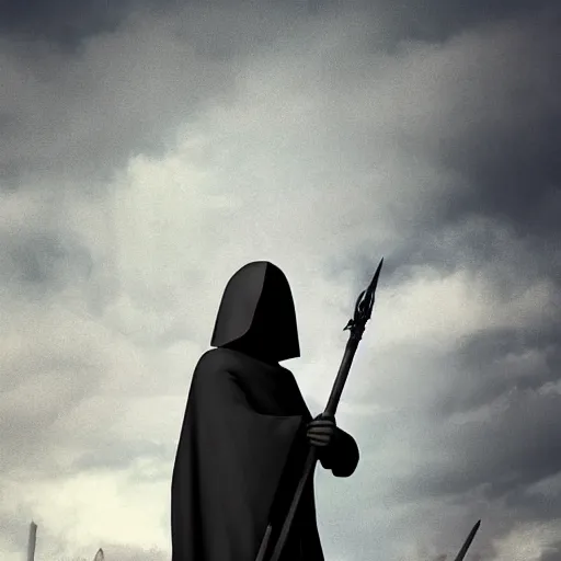 Prompt: a black figure in a grey cloak holding his black spear up to the sky, Digital art