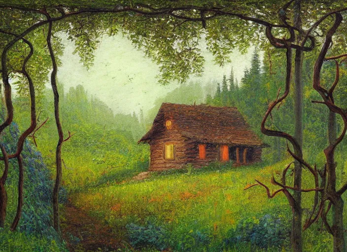 Prompt: impressionistic painting of log cabin on a hill in the woods, the cabin is overgrown with lush vines and moss, painted by johfra bosschart, featured on artstation, plein air, artstation hd, painterly