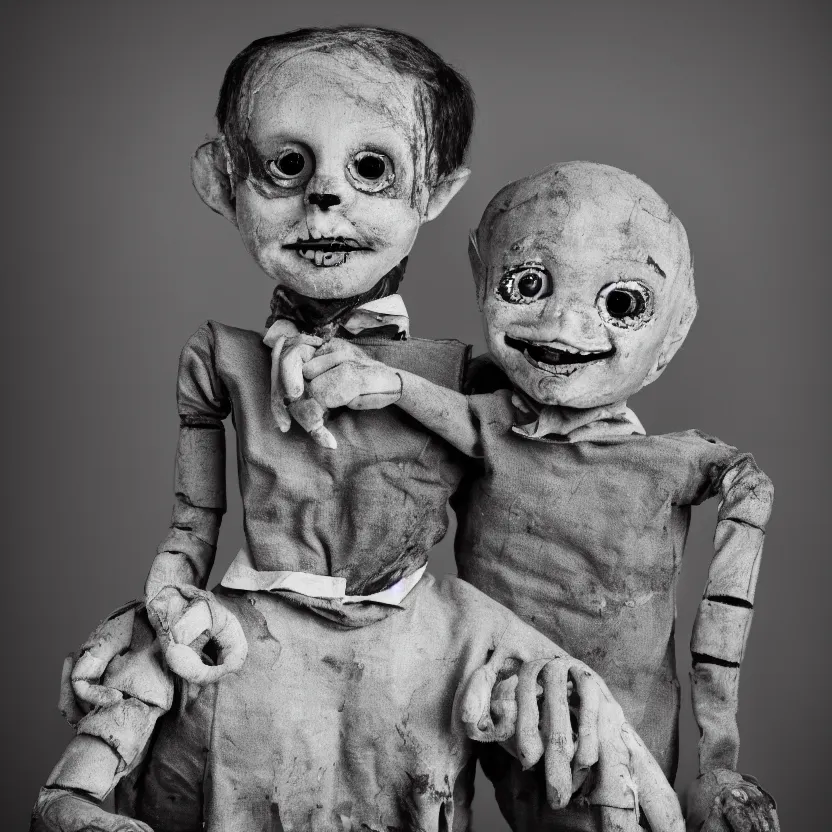 Image similar to creepy ventriloquist dummy in the style of roger ballen, 4 k, bw, portrait