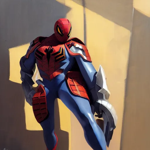 Image similar to greg manchess portrait painting of armored shonen spiderman as overwatch character, medium shot, asymmetrical, profile picture, organic painting, sunny day, matte painting, bold shapes, hard edges, street art, trending on artstation, by huang guangjian, gil elvgren, ruan jia, randy vargas, greg rutkowski