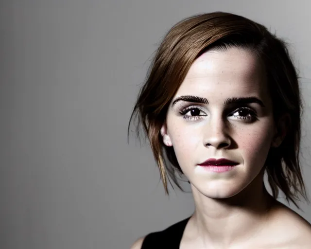 Prompt: color studio photo of emma watson with monolid eyes, closeup, smiling,