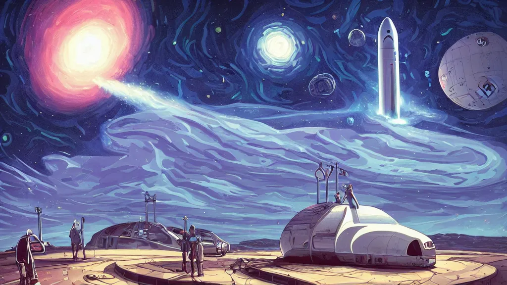 Prompt: elon musk at spacex launch pad by cyril rolando and naomi okubo and dan mumford and ricardo bofill. lovecraft. lovecraftian. starry night swirly sky.