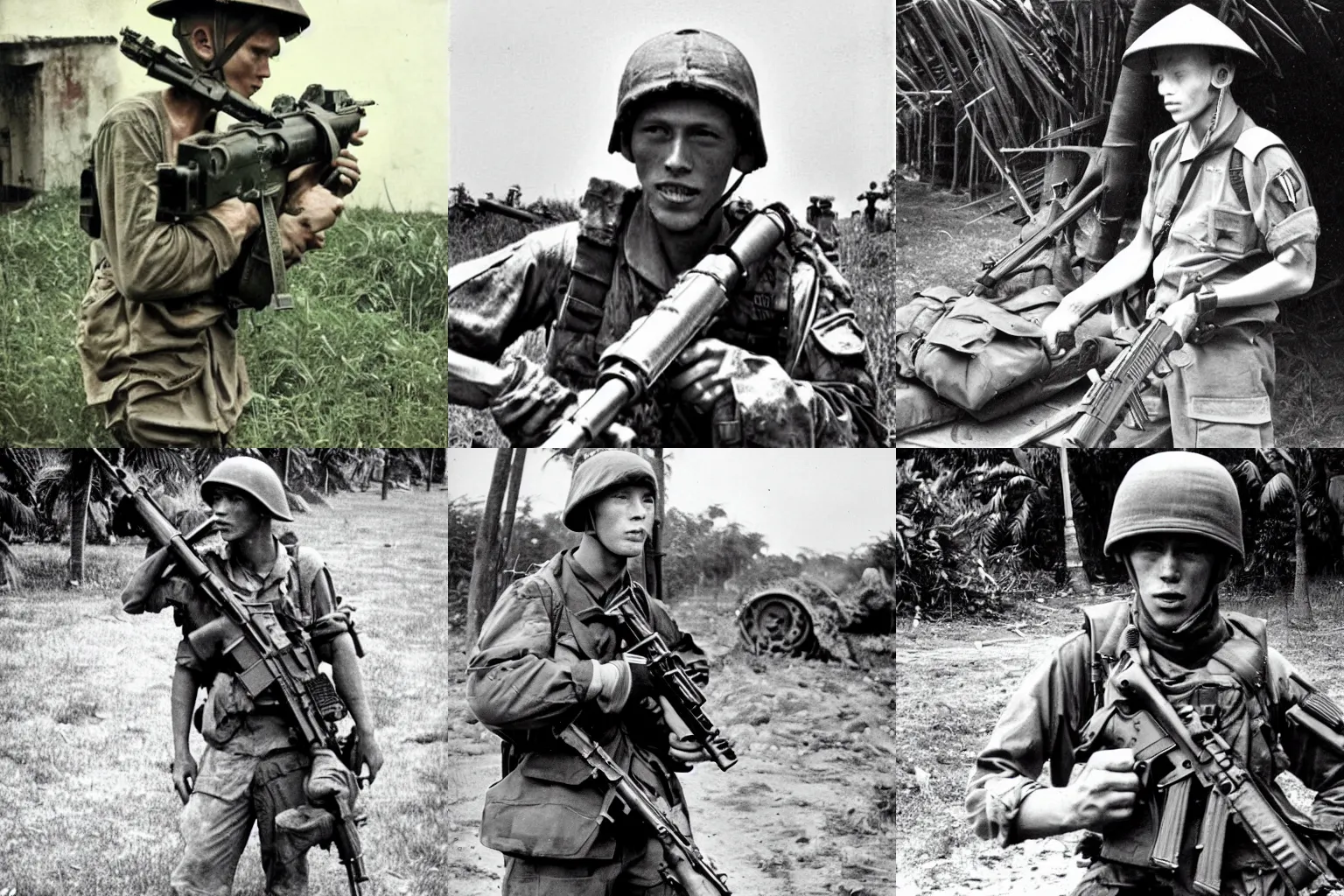 Prompt: War photography of Machine Gun Kelly, carrying a Machine Gun, Vietnam, old quality