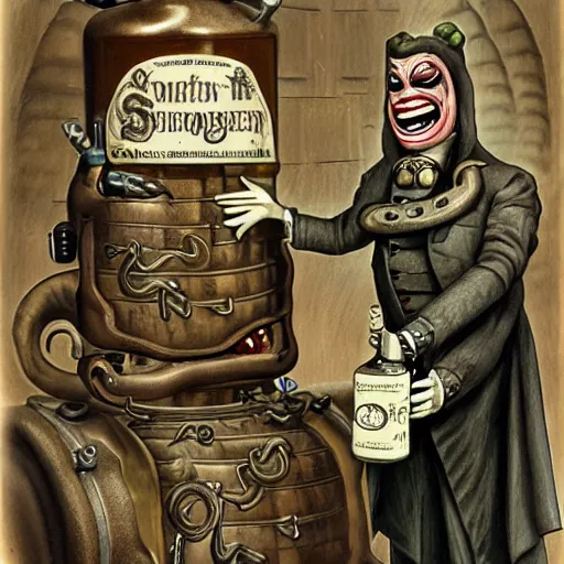 Prompt: a grinning anthropomorphic snake selling bottles of medicine, fantasy, steampunk, hr giger