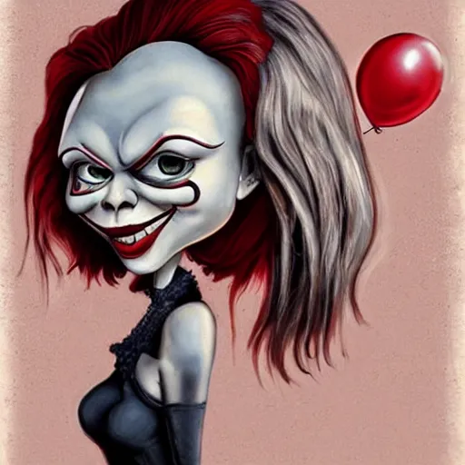 Image similar to grunge cartoon painting of margot robbie with a wide smile and a red balloon by chris leib, loony toons style, pennywise style, corpse bride style, horror theme, detailed, elegant, intricate