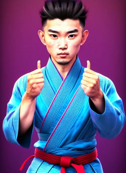 Image similar to male martial artist with a mongolian pigtail hairstyle!!!! asian facial features and blue eyes!! intricate ornate blue robes!! character concept art, sharp focus, octane render! unreal engine 5! highly rendered!! trending on artstation!! detailed linework!! illustration by artgerm, wlop, and chie yoshii