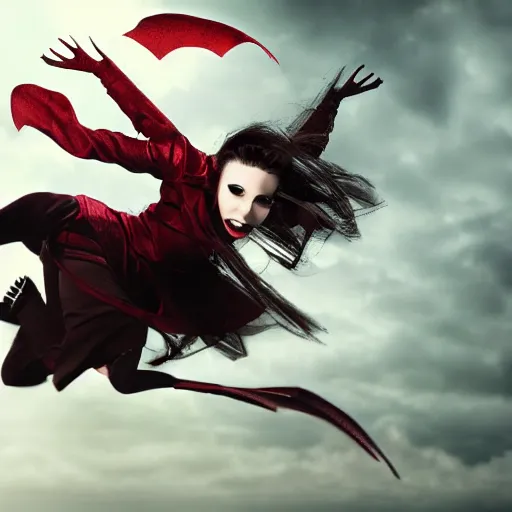 Image similar to a female vampire flying in a dark time, photomanipulation